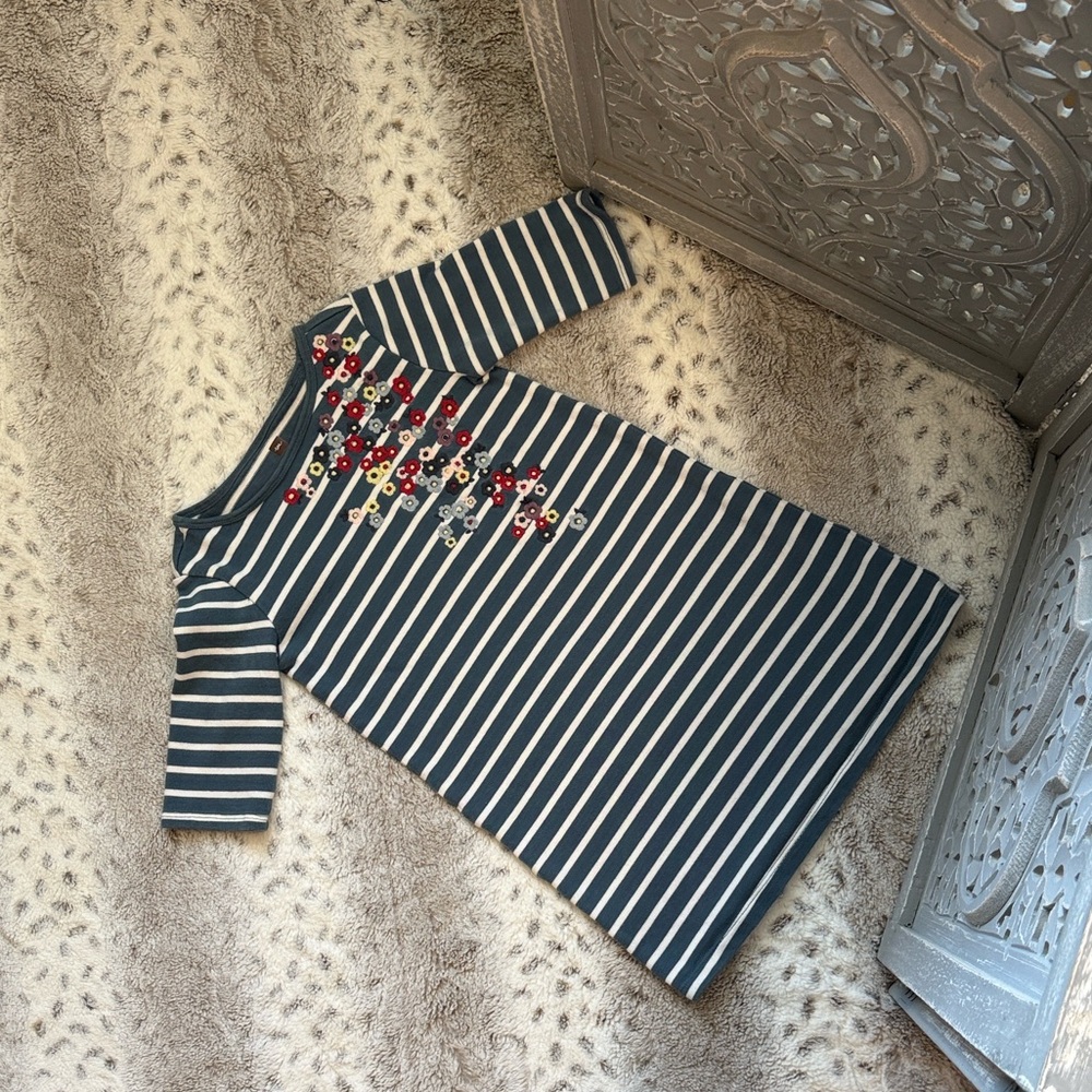 Tea Collection blue white striped dress girls size 6 floral embroidery holiday